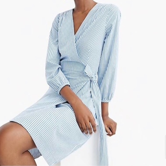 J. CREW Poplin Wrap Striped Long Sleeve Dress SZ 0 - Picture 1 of 6